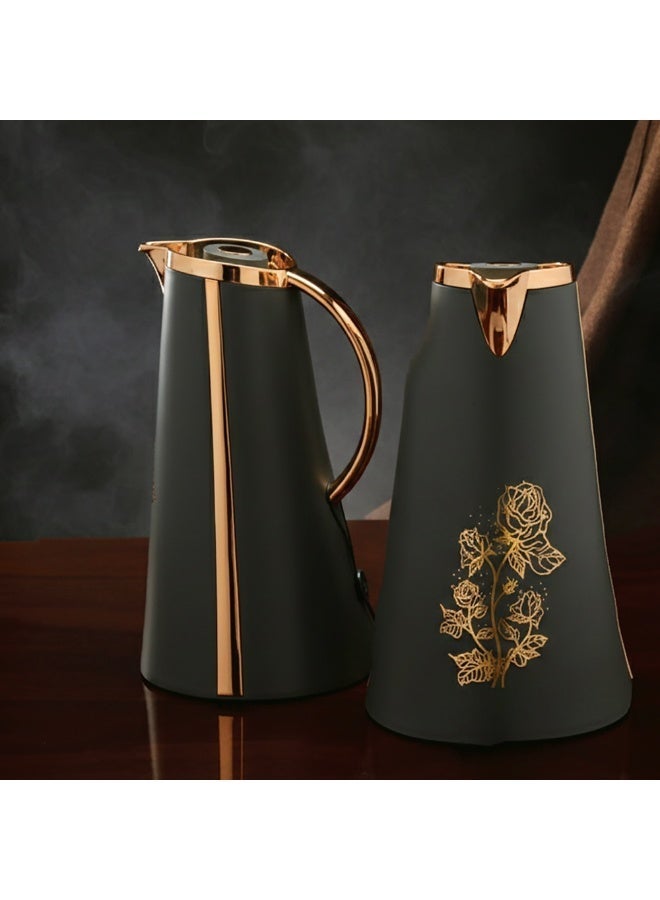 دروبينا طقم ترامس بسعة 1لتر +1لتر  للشاي و القهوة للمشروبات الساخنة والباردة بنقش ذهبي - مناسب للضيافة اليومية -بلون رمادي - Image 4
