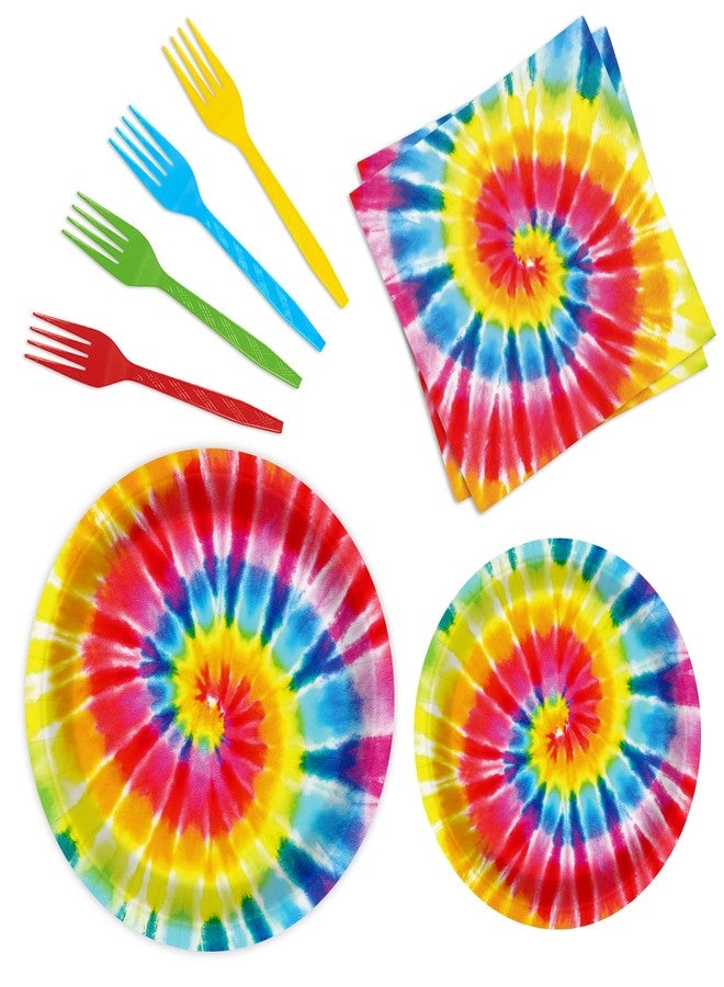 BQK 96 Pcs Rainbow Tie Dye Plates & Napkins Party Supplies - Tie Dye Birthday Decorations & Party Favors - Image 1