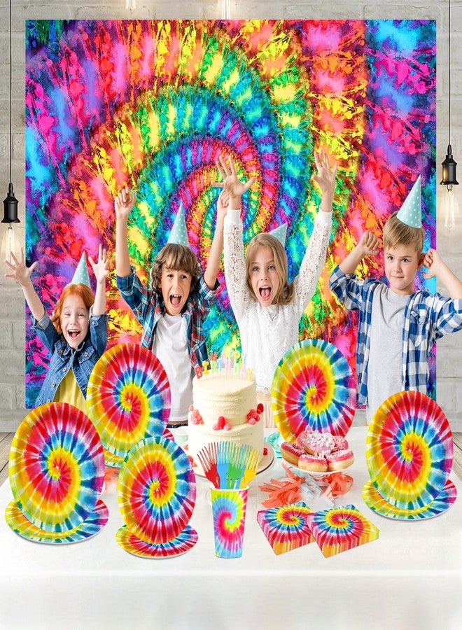 BQK 96 Pcs Rainbow Tie Dye Plates & Napkins Party Supplies - Tie Dye Birthday Decorations & Party Favors - Image 4