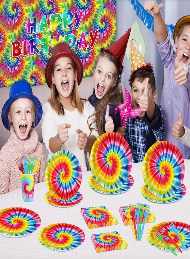 BQK 96 Pcs Rainbow Tie Dye Plates & Napkins Party Supplies - Tie Dye Birthday Decorations & Party Favors - Image 5