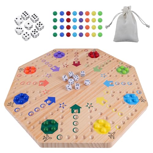 Medikaison Original Marble Game Wahoo Board Game Double Sided Painted Wooden Fast Track Board Game for 8 Players 8 Colors 30 Marbles 8 Dice for Family Friends 8log - Image 1