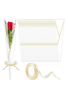 Apustim 50Pcs Single Rose Flower Set Plus A Plate Of 22m Ribbon Set，Flower Packaging Bag，Single Flower Packaging Bag，Suitable For Wedding，Birthday，Florist Supplies Mother's Day （White+Gold）  - Image 1