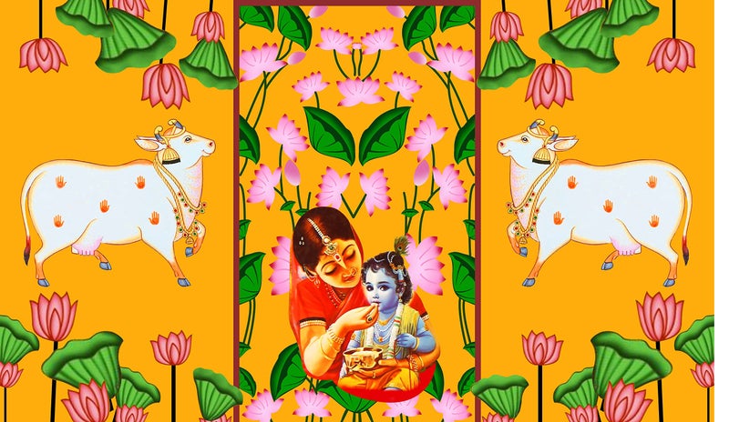Backdropon Yashoda Maata with Lord Krishna Design Backdrop Cloth for Pooja Decoration Traditional Background Curtain Cloth for Festival Size 5 Feet Height and 8 Feet Width(5 * 8) - Image 1