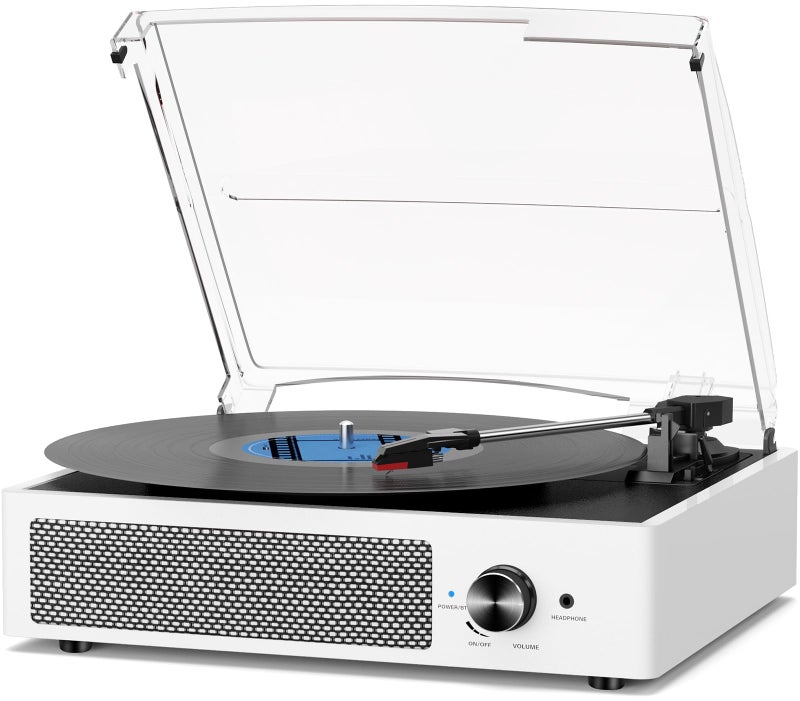 Vinyl Record Player with 2 Stereo Speakers BeltDriven Vintage Turntables 3 Speed 3 Size Wireless Bluetooth Playback AUXin RCA Out Headphone LP Vinyl Players Auto Stop Fashion White