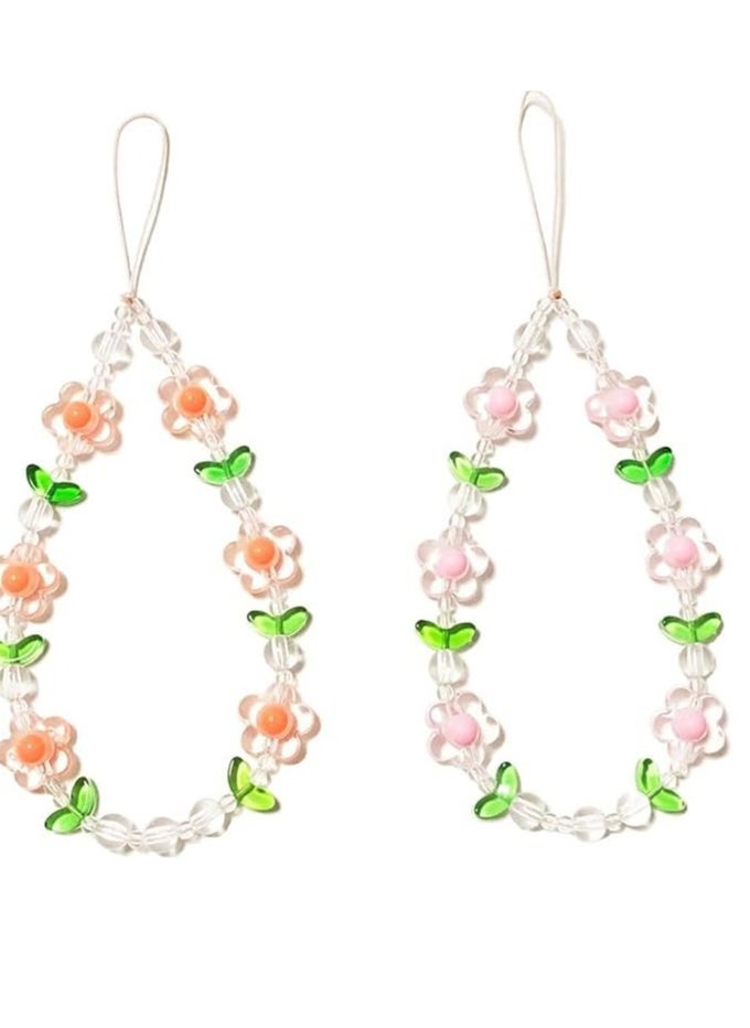 Geustos 2PCS Wrist Strap Cute Phone Chain, Flower Phone Charm Cute Phone Charms Accessories Strap Beaded Phone Keychain Pearl Phone Lanyard for Women Girls  - Image 1