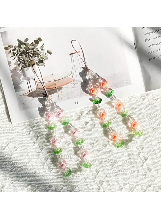 Geustos 2PCS Wrist Strap Cute Phone Chain, Flower Phone Charm Cute Phone Charms Accessories Strap Beaded Phone Keychain Pearl Phone Lanyard for Women Girls  - Image 3
