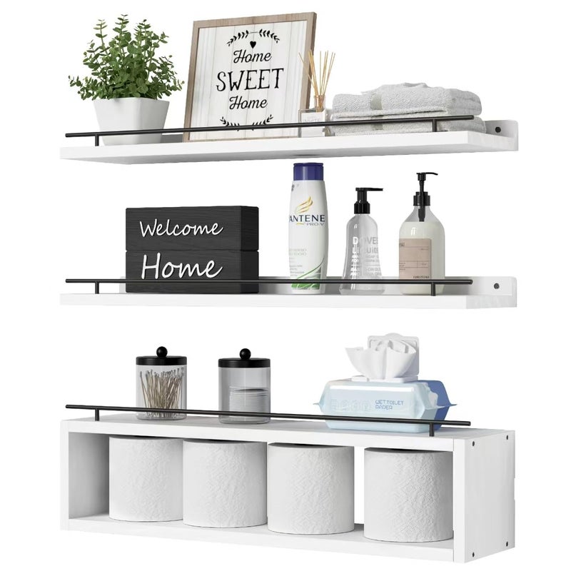 WOPITUES Floating Shelves for Wall 24 inch with Cube Shelf Wall Shelves with Metal Rail for Bathroom Decor Bathroom Organizers and Storage Over Toilet Shelves Toilet PaperWhite
