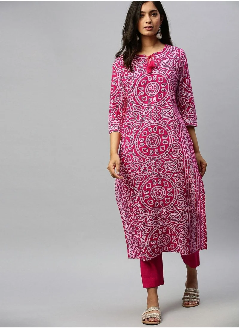 ISHIN Pink Kurta Set Straight Fit 3/4 Sleeve Sleeve made from Cotton featuring Self Design design and Round Neck neckline - Perfect for Ethinic!