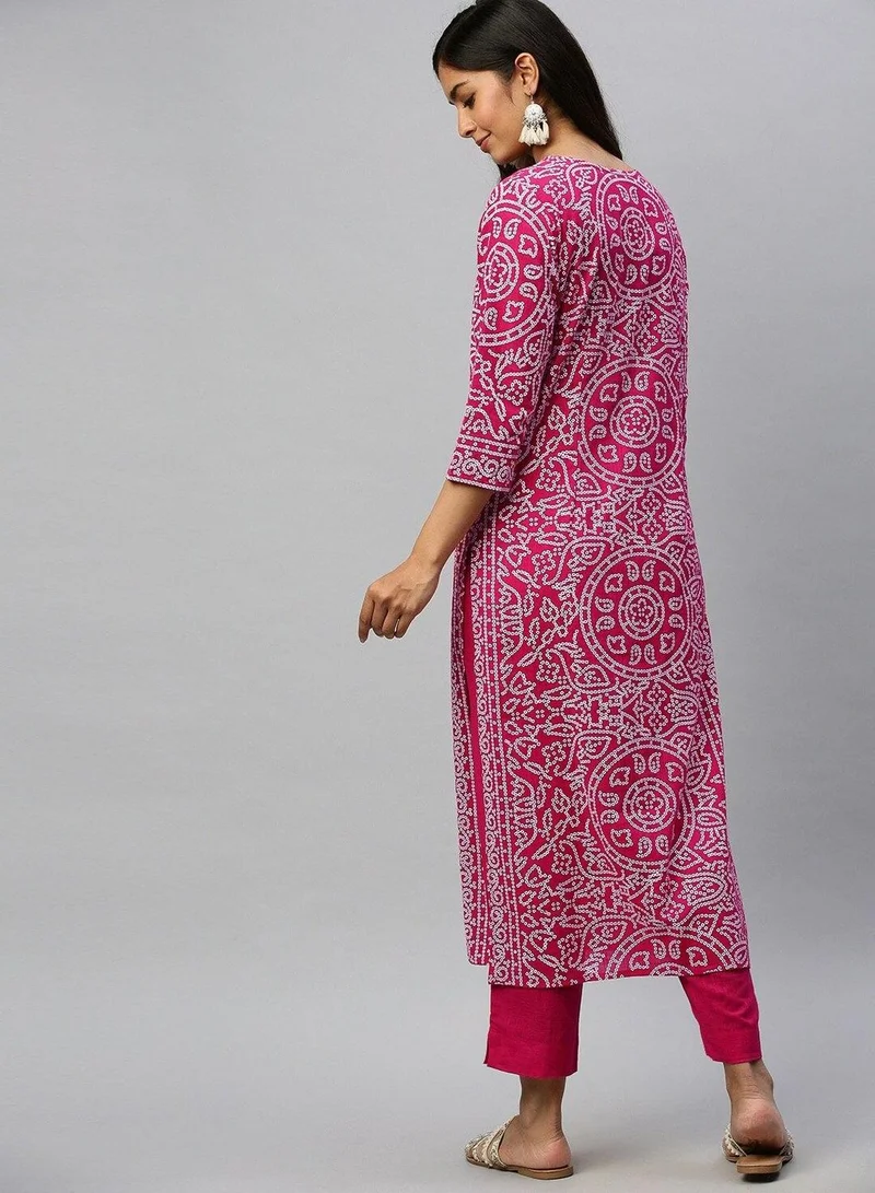 ISHIN Women's Pink 100% Cotton Self Design Full Length Palazzo Kurta Set
