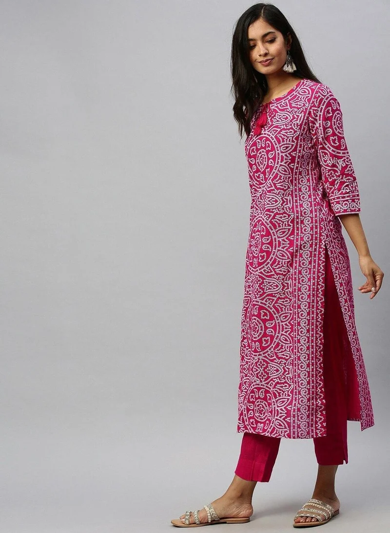 ISHIN Women's Pink 100% Cotton Self Design Full Length Palazzo Kurta Set