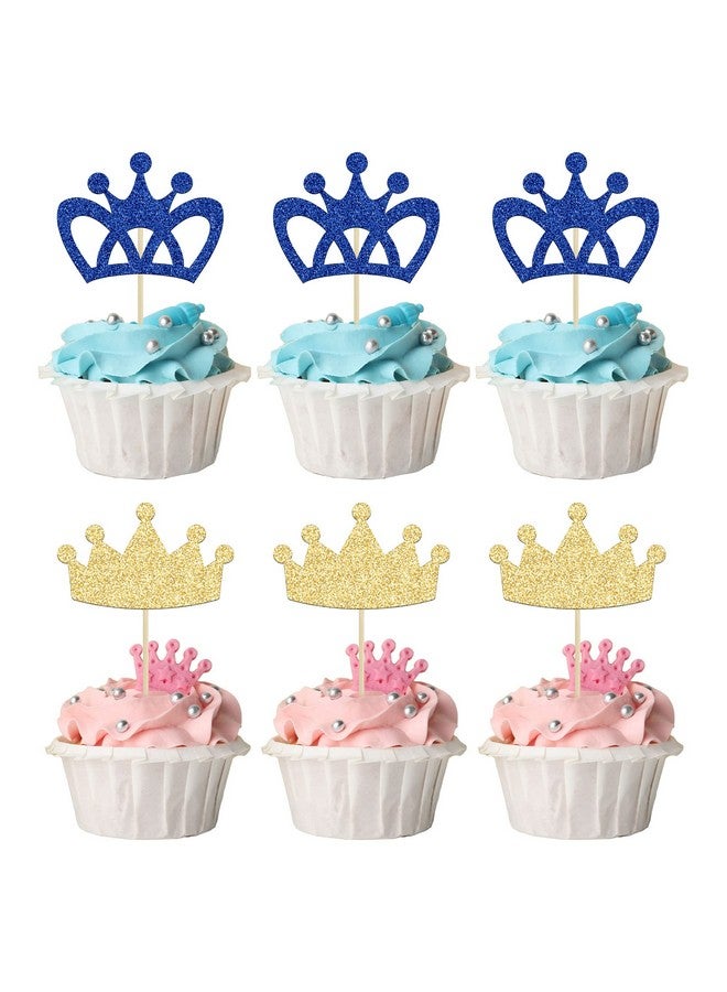 Ephlyn 24Pcs Crown Cupcake Toppers Prince and Princes Blue Gold Glitter Royal Crown Cupcake Picks King Queen Crown Cupcake Decors for Prince Crown Theme Baby Shower Party Decoration Supplies - Image 1