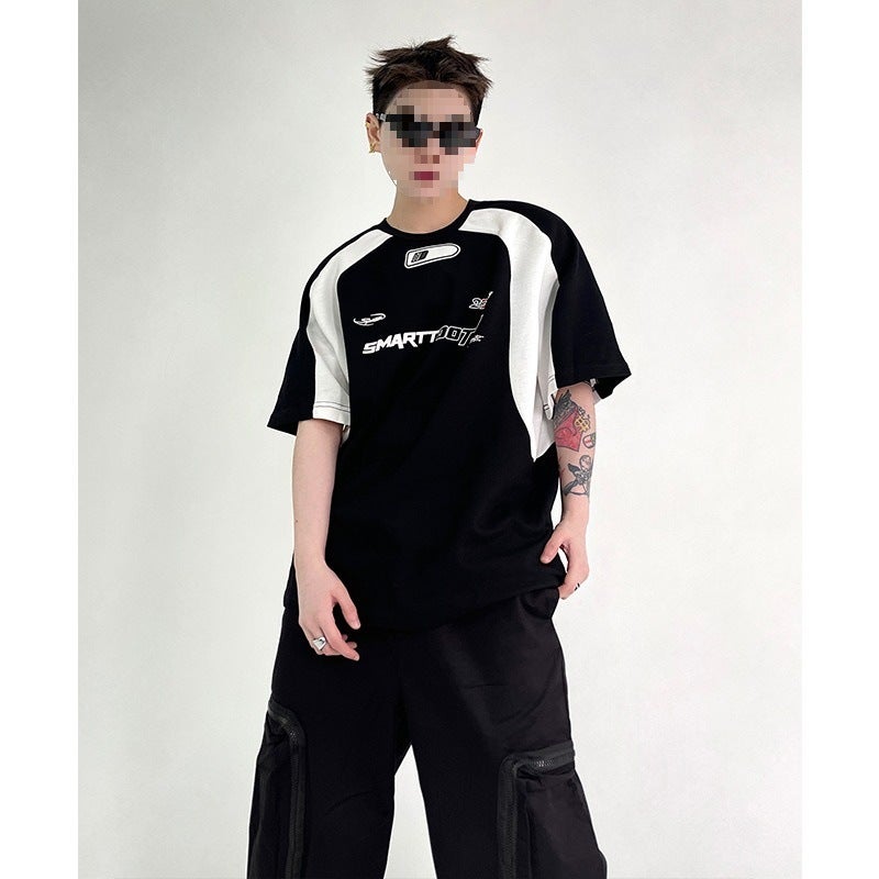 Generic Guochao Brand Color-matching Printed Short-sleeved T-shirt for Men and Women Loose cleanfit Round Neck Half Sleeve Summer Motorcycle Half Sleeve Black - Image 1