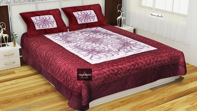 ManavRachit Satin Gold Printed 310 TC Wedding Bedding Set Bedsheet with 2 Pillow Covers for Home Living RoomSet of 3pc VIP Print Maroon