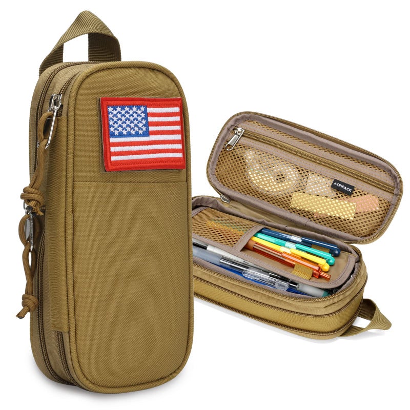 ATRIPACK Pencil Case Big Capacity High Large Storage Tactical Small Tool Pouch Bag Marker Pen Case Stationery Bag Travel Holder School College Office Organizer for Kids Men Women Adult Teens Brown