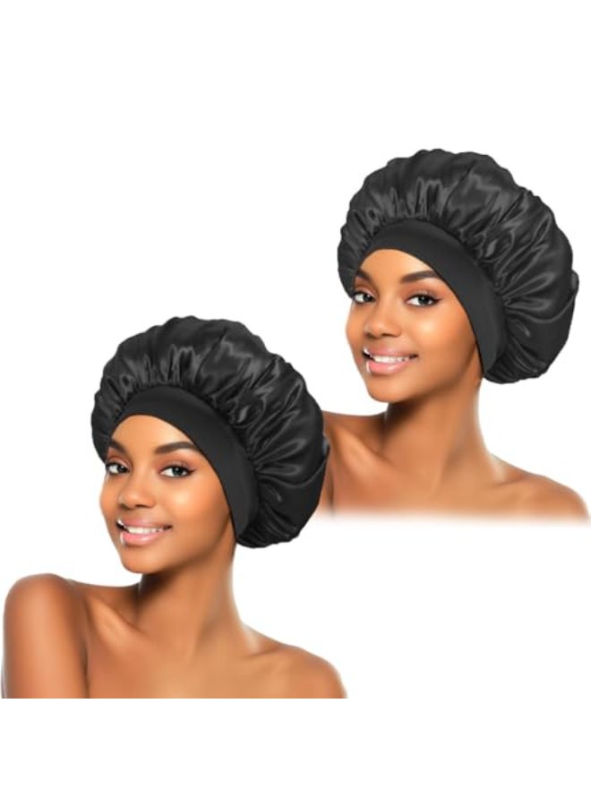 ZHENSILK 2Pcs Silk Bonnet for Sleeping Satin Hair Bonnets Soft Elastic Band Silk Sleep Cap Hair Wrap for WomenBlack - Image 1