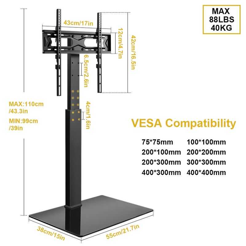 WKWKER Floor TV Stand for 27-65 inch LED Screen Adjustable TV Stand with Mount Swivel Floor Televisions Stand with Tempered Glass Base for Corner Bedroom Living Room Max VESA 400x400mm - Image 4