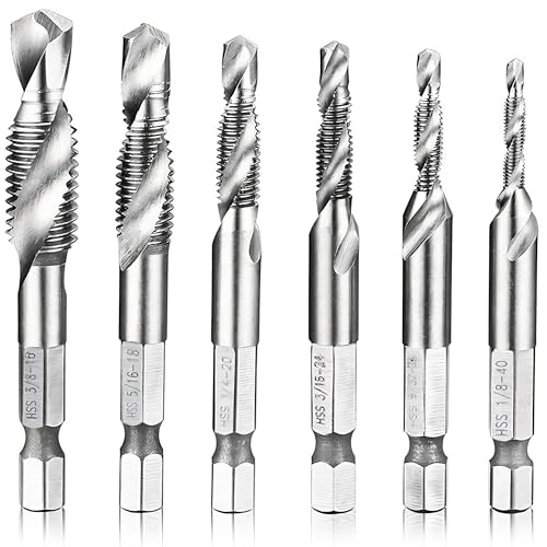 Hymnorq 6-Piece Combination Tap and Drill Bit Set with Dual Twist Flute and 118° Split Point, High-Speed Steel, 1/4" Hex Shank, Ranging from BSW 1/8"-40 to BSW 3/8"-16 - Image 1