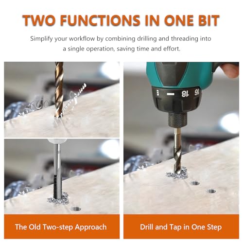 Hymnorq 6-Piece Combination Tap and Drill Bit Set with Dual Twist Flute and 118° Split Point, High-Speed Steel, 1/4" Hex Shank, Ranging from BSW 1/8"-40 to BSW 3/8"-16 - Image 2