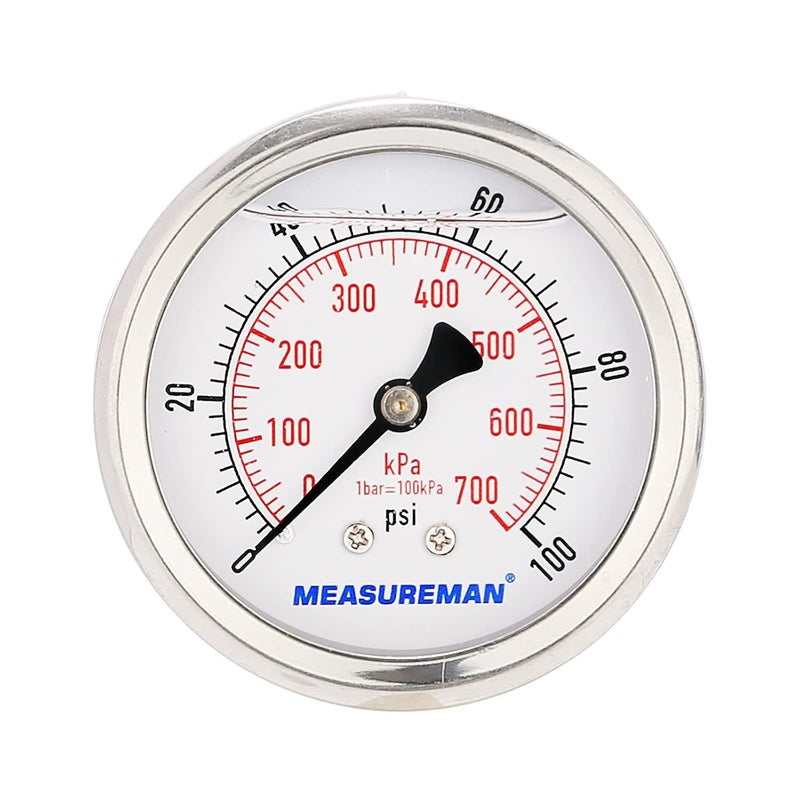 MEASUREMAN مقياس ضغط مملوء بالجليسرين من ميزورمان، حجم القرص 2-1/2 بوصة، نطاق 0-100 رطل لكل بوصة مربعة/كيلو باسكال، غلاف من الفولاذ المقاوم للصدأ 304، تركيب خلفي مركزي 1/4 إنش إن بي تي - Image 2