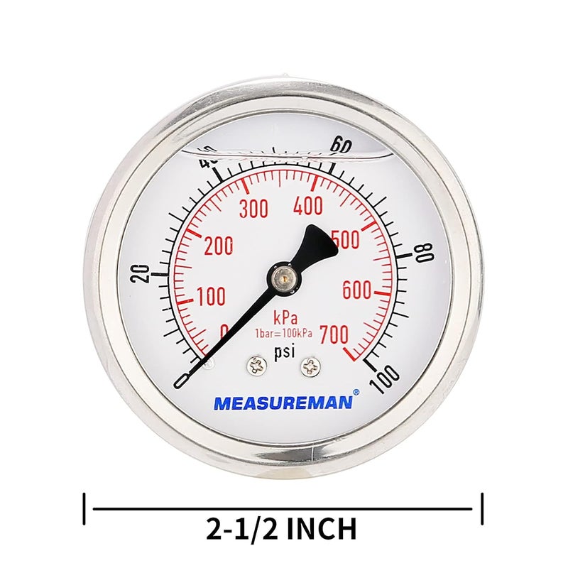 MEASUREMAN مقياس ضغط مملوء بالجليسرين من ميزورمان، حجم القرص 2-1/2 بوصة، نطاق 0-100 رطل لكل بوصة مربعة/كيلو باسكال، غلاف من الفولاذ المقاوم للصدأ 304، تركيب خلفي مركزي 1/4 إنش إن بي تي - Image 5