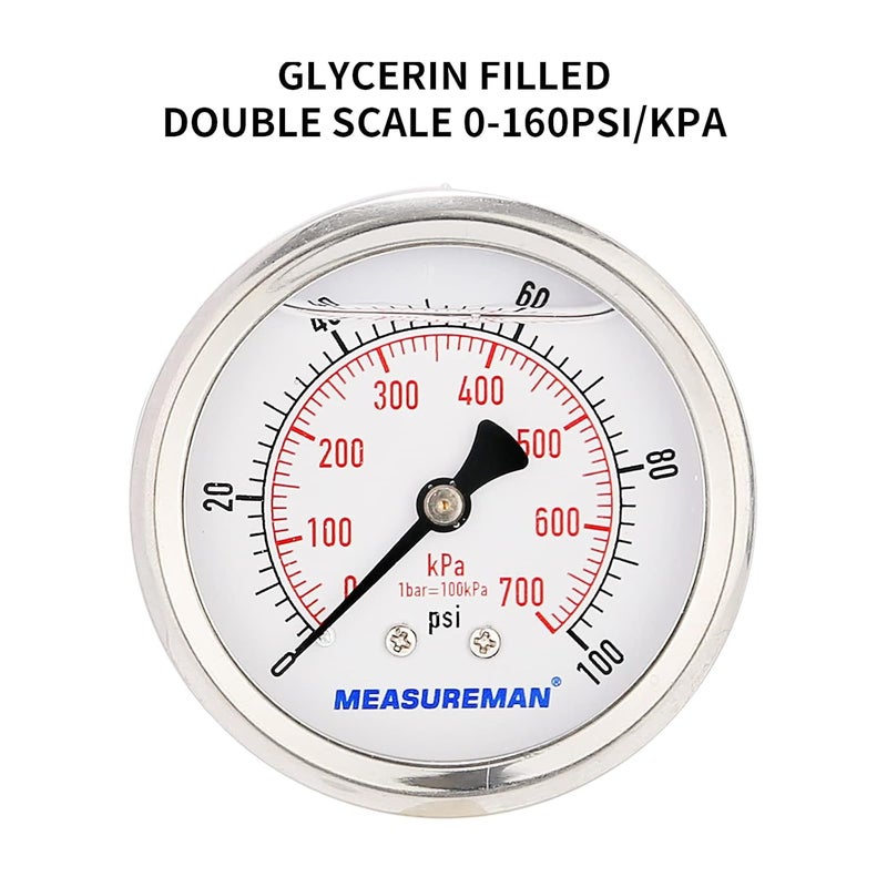MEASUREMAN مقياس ضغط مملوء بالجليسرين من ميزورمان، حجم القرص 2-1/2 بوصة، نطاق 0-100 رطل لكل بوصة مربعة/كيلو باسكال، غلاف من الفولاذ المقاوم للصدأ 304، تركيب خلفي مركزي 1/4 إنش إن بي تي - Image 3