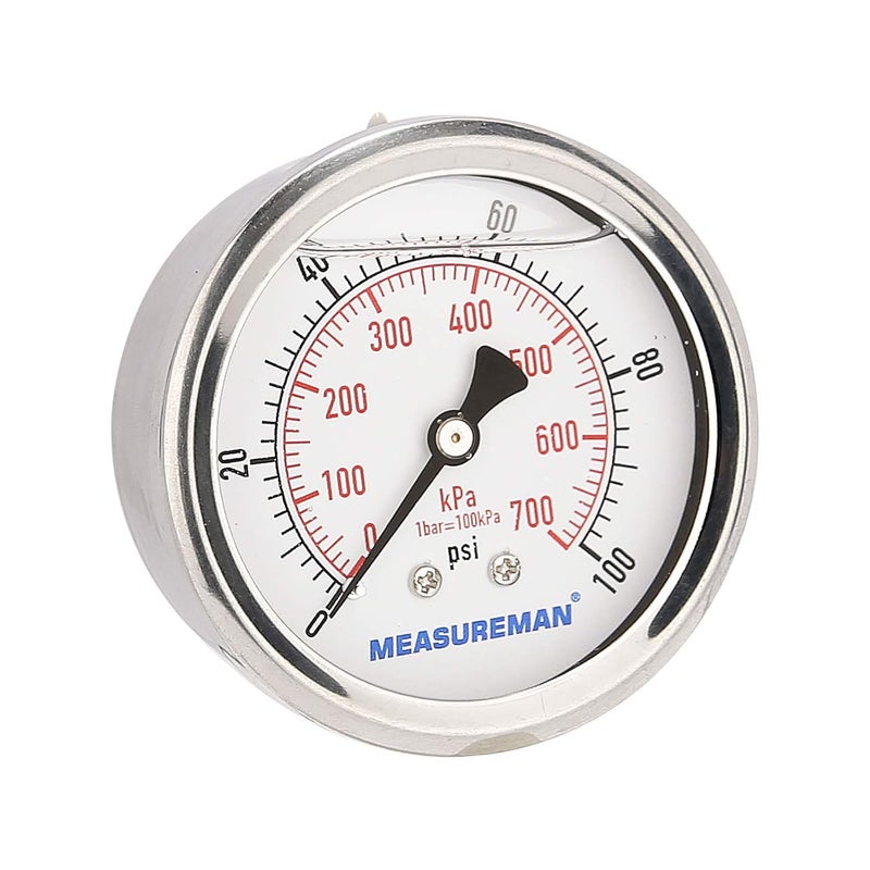 MEASUREMAN مقياس ضغط مملوء بالجليسرين من ميزورمان، حجم القرص 2-1/2 بوصة، نطاق 0-100 رطل لكل بوصة مربعة/كيلو باسكال، غلاف من الفولاذ المقاوم للصدأ 304، تركيب خلفي مركزي 1/4 إنش إن بي تي - Image 1