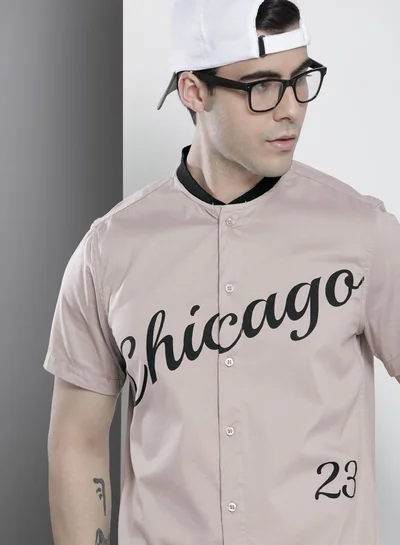 The Indian Garage Co Men Regular Fit Placement Print Half Sleeves Baseball Collar Casual Shirt