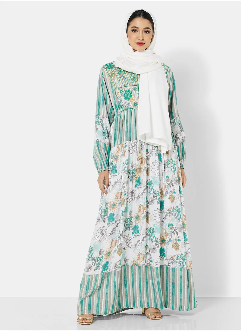 HANA & SARA FLORAL PRINT WITH FLORAL EMBROIDERY SAUDI ARABIC JALABIYA