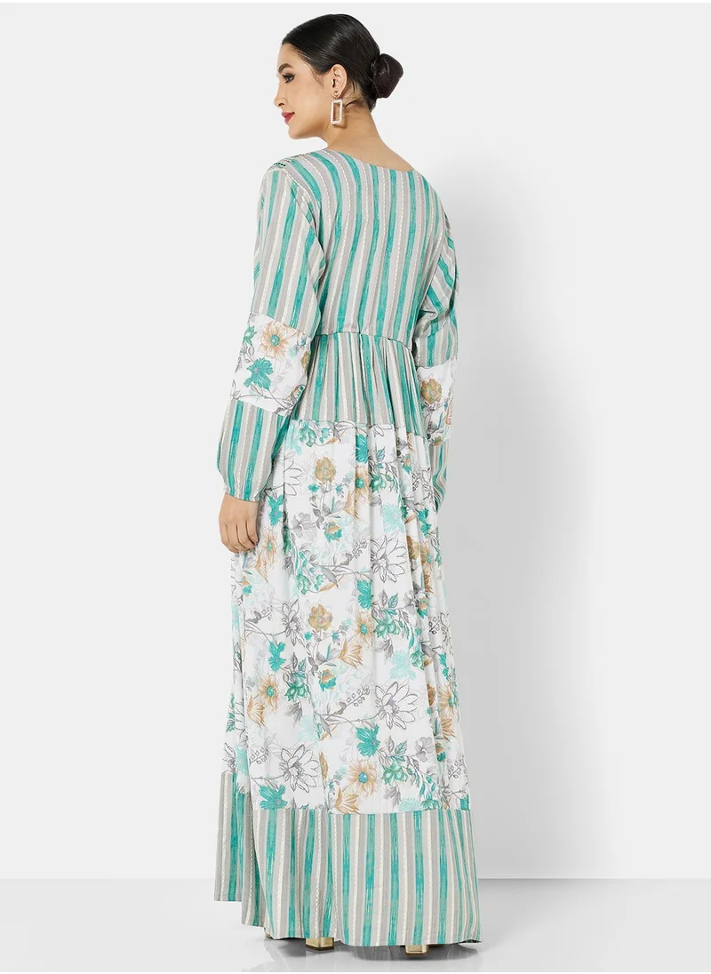 HANA & SARA FLORAL PRINT WITH FLORAL EMBROIDERY SAUDI ARABIC JALABIYA