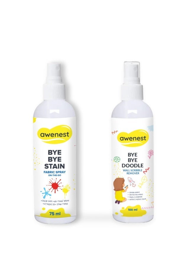 awenest Bye Bye Food Stain & Bye Bye Doodle Combo | Fabric Stain Remover 75 ml + Wall Scribble Cleaner 100ml | Removes Food, Oil, Ink, Crayon, Pencil, Sketch & Acrylic Marks | Safe, Plant-Based Cleaning Sprays - Image 1