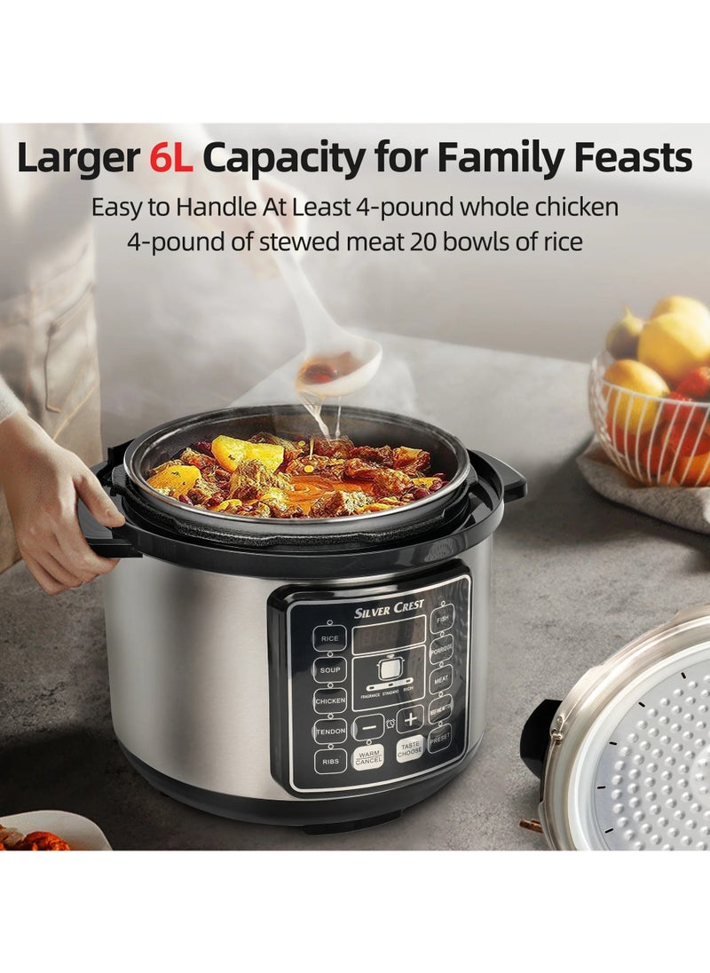 SILVER CREST 10 In 1 Electric Pressure Cooker Instant Programmable Smart Pot 1050 Watts Rice Cooker, 6 Liters, 10 Smart Programs Black MES6817