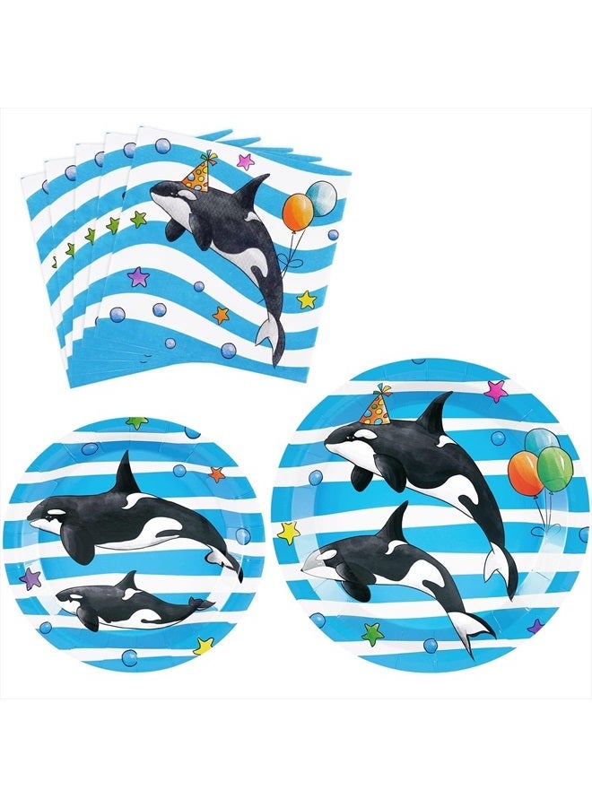 Orca Party Plates and Napkins - 48 PCS Orca Birthday Party Supplies for Kids Blue Ocean Under the Sea Party Decorations Baby Shower Dinner Dessert Tableware Set Serves 16 Guests
