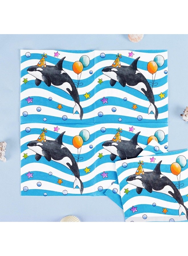 Orca Party Plates and Napkins - 48 PCS Orca Birthday Party Supplies for Kids Blue Ocean Under the Sea Party Decorations Baby Shower Dinner Dessert Tableware Set Serves 16 Guests