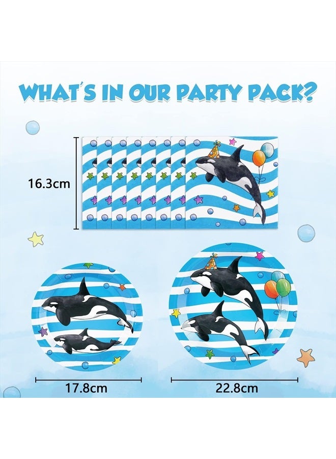 Orca Party Plates and Napkins - 48 PCS Orca Birthday Party Supplies for Kids Blue Ocean Under the Sea Party Decorations Baby Shower Dinner Dessert Tableware Set Serves 16 Guests