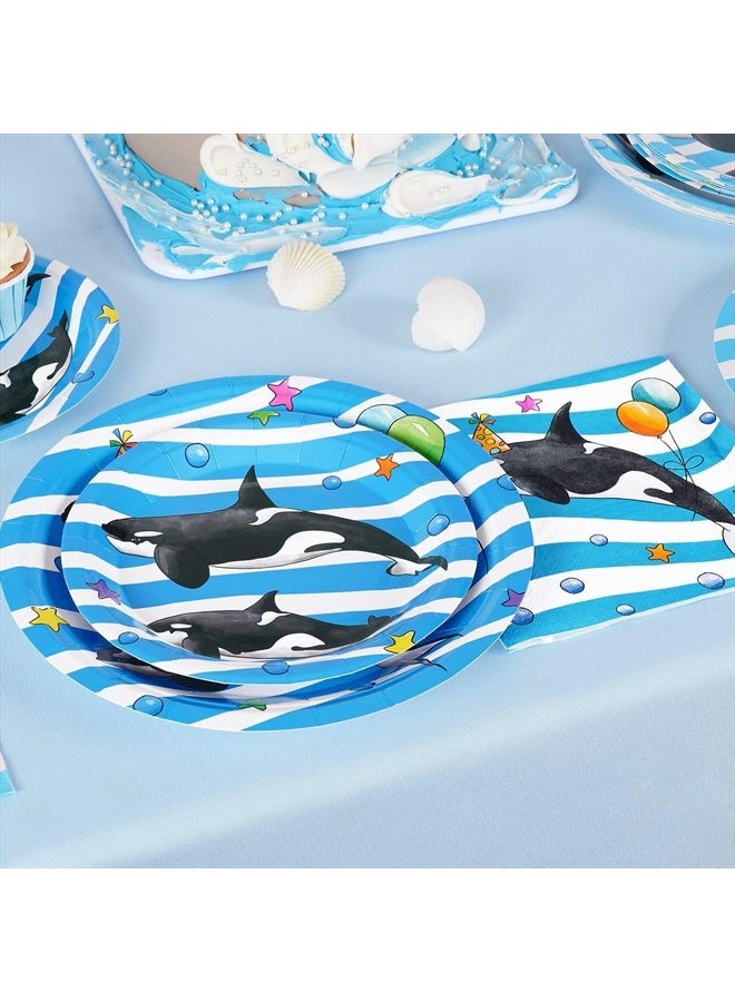 Orca Party Plates and Napkins - 48 PCS Orca Birthday Party Supplies for Kids Blue Ocean Under the Sea Party Decorations Baby Shower Dinner Dessert Tableware Set Serves 16 Guests