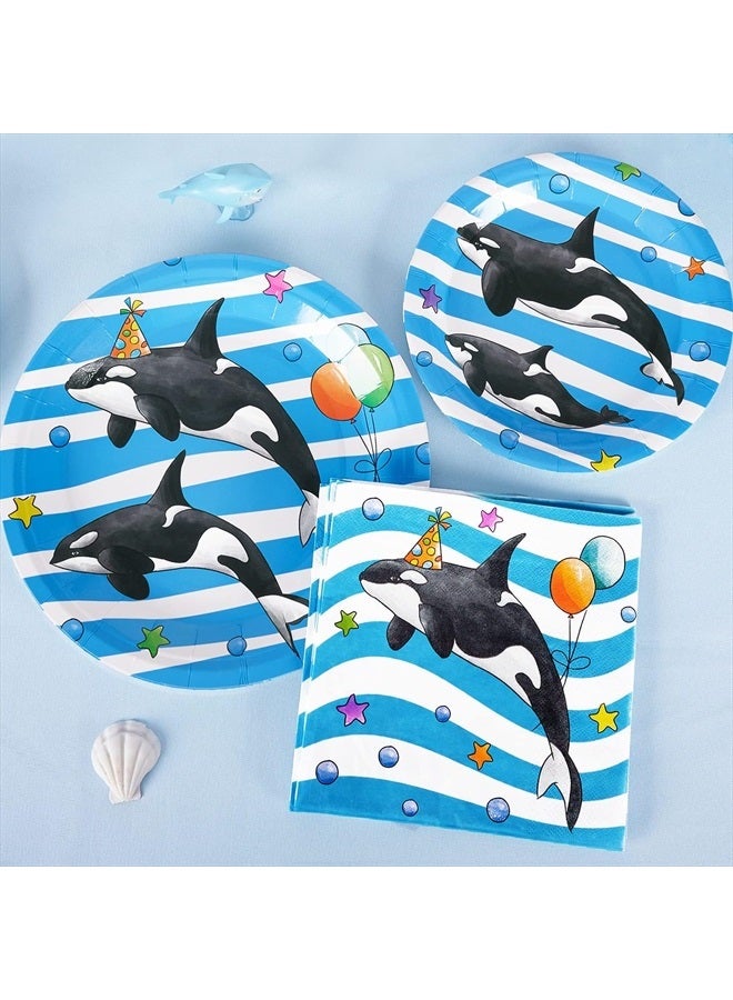 Orca Party Plates and Napkins - 48 PCS Orca Birthday Party Supplies for Kids Blue Ocean Under the Sea Party Decorations Baby Shower Dinner Dessert Tableware Set Serves 16 Guests