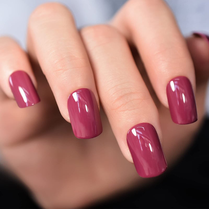 ELEVENAIL Press on Nails Glossy Dark Rose Pink False Nails Medium Length Squoval Nail Art Tips Salon Women Girls DIY Manicure Daily Reusable Daily Office Home Party Acrylic Stick On Fake Nails - Image 1
