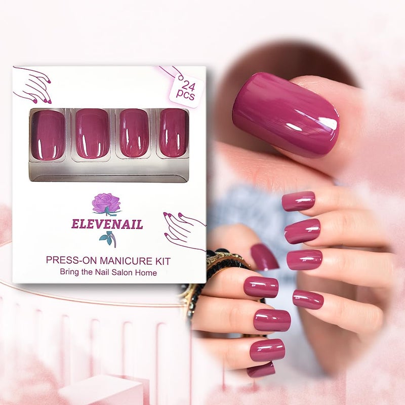 ELEVENAIL Press on Nails Glossy Dark Rose Pink False Nails Medium Length Squoval Nail Art Tips Salon Women Girls DIY Manicure Daily Reusable Daily Office Home Party Acrylic Stick On Fake Nails - Image 4