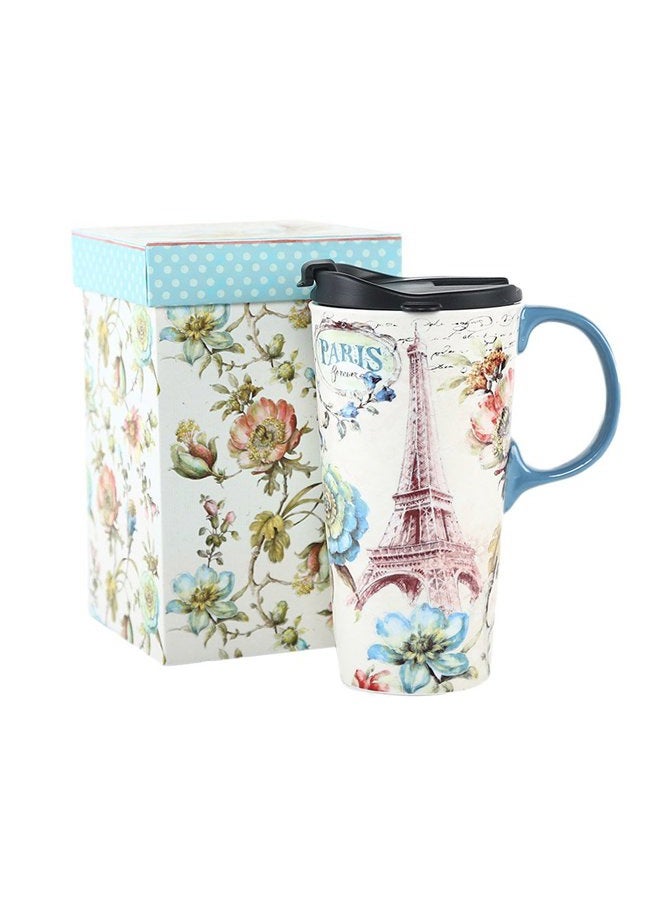Topadorn Tall Ceramic Travel Mug 17 oz. Sealed Lid With Gift Box Paris - Image 1