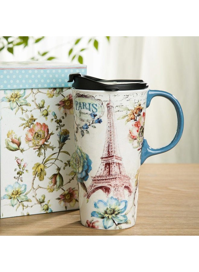 Topadorn Tall Ceramic Travel Mug 17 oz. Sealed Lid With Gift Box Paris - Image 3