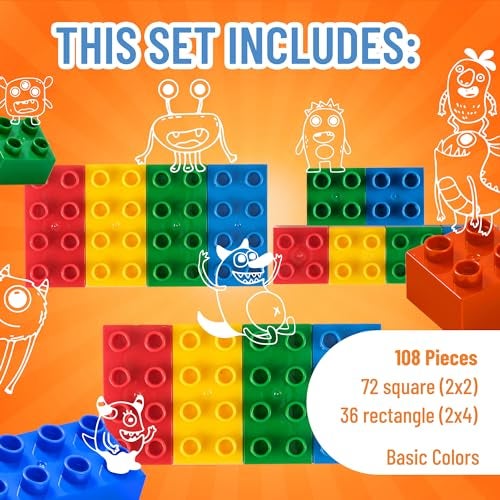 Strictly Briks لعبة بناء ستريكتلي بريكس - كتل كبيرة متوافقة مع مجموعة ليغو ديوبلو للأطفال والرضع للعب الإبداعي والتعلم، 108 قطعة/ألوان أساسية - Image 3