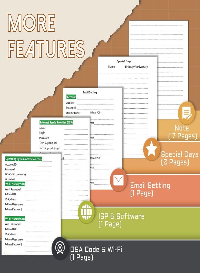 BLESWIN Password Keeper Book with Alphabetical Tabs, Small Internet Password Book for Webside Login, Internet Address and Password Book, Password Notebook for Organized, Brown - Image 3