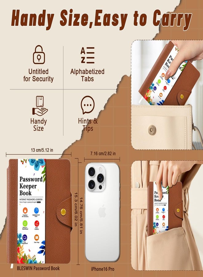 BLESWIN Password Keeper Book with Alphabetical Tabs, Small Internet Password Book for Webside Login, Internet Address and Password Book, Password Notebook for Organized, Brown - Image 5