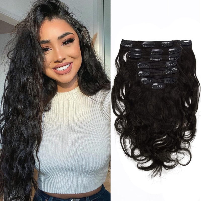 Caliee Natural Curly Wave Clip in Hair Extensions 18Inch Human Hair Thick End Wavy Curly Natural Black Color Double Weft 120Gram 1B Off Color Soft Hair 17Clips 7Pieces Per Pack