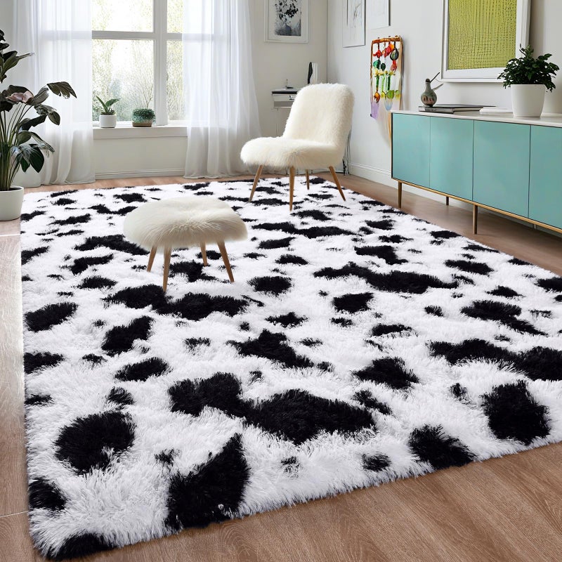 DweIke Fluffy Black White Rugs for Bedroom Living Room 6x9 Large Soft Plush Shaggy Cow Hide Girls Boys Kids Rug NonSlip and Machine Washable Carpet for Dorm Nursery Classroom Decor