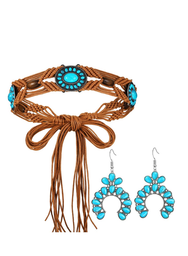 2 Pcs Turquoise Braid Waist Belt, Bohemian Style Woven Belt and Turquoise Jewelry and Drop Statement Post Earrings Set for Women - Image 2