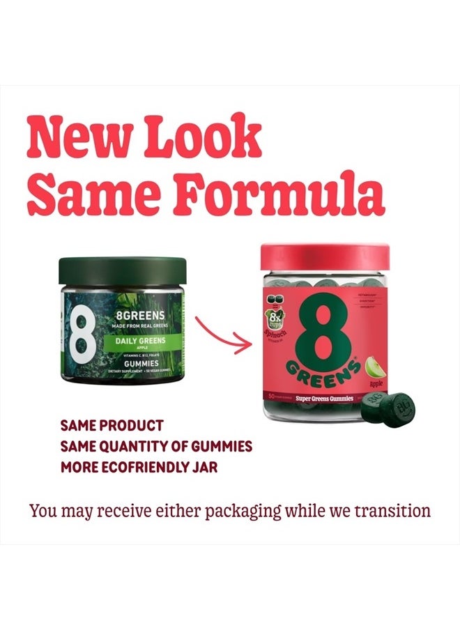 8Greens - Daily Greens Gummies - Superfood Booster, Energy & Immune Support, Made with Real Greens, High in Antioxidants, Greens Powder, Vitamin C, B12 - Apple Flavored, 50 Vegan Gummies, Pack of 2 - Image 1