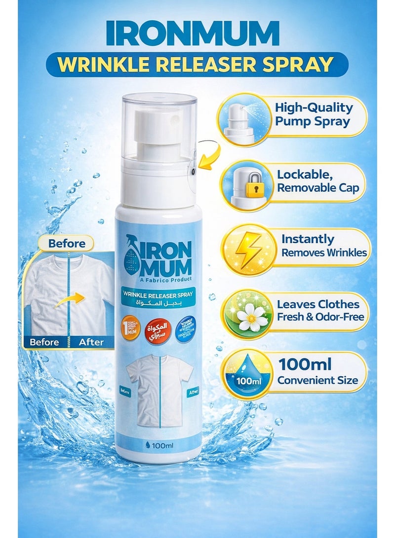 IronMum Wrinkle Releaser Spray 100ml – Removes Wrinkles Instantly, Safe on Clothes & Skin, Travel Size, Works Best on Cotton & Linen - Image 2