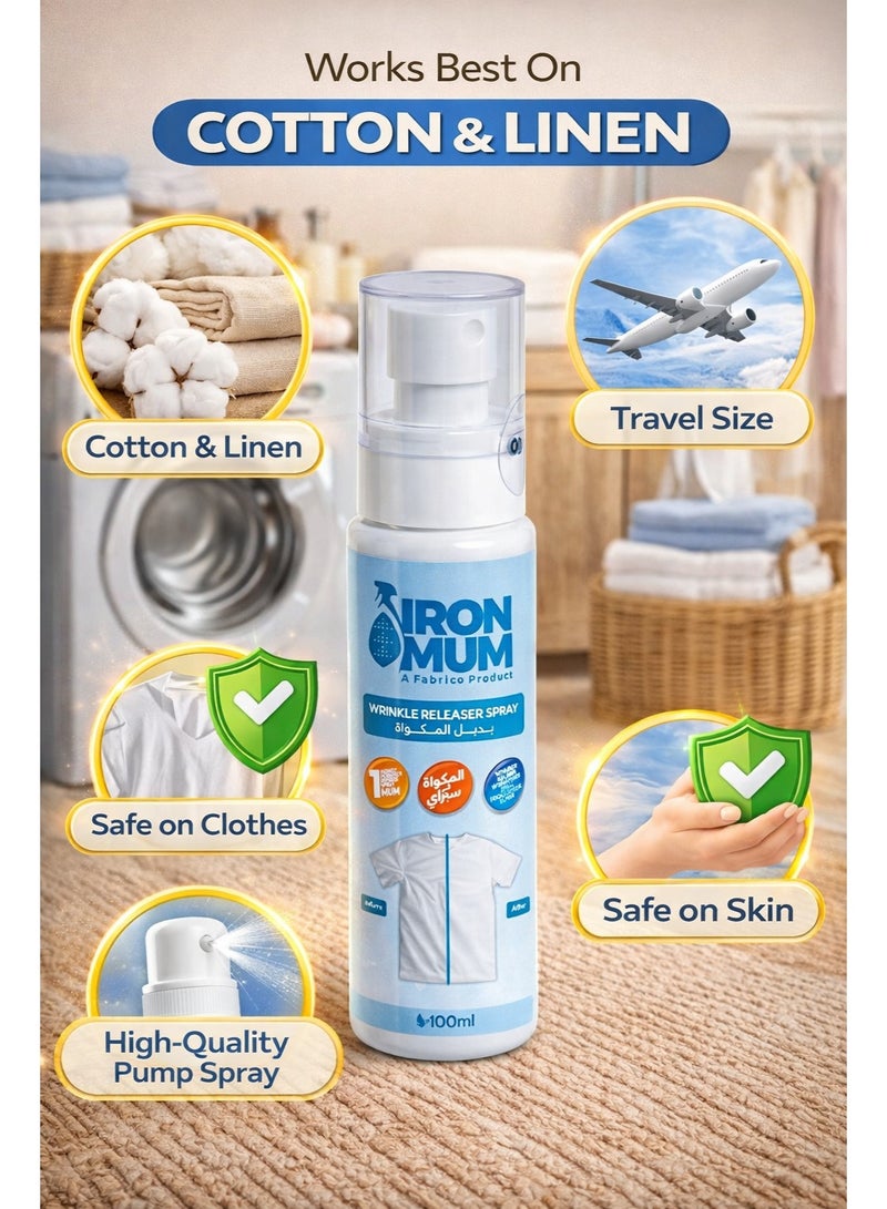 IronMum Wrinkle Releaser Spray 100ml – Removes Wrinkles Instantly, Safe on Clothes & Skin, Travel Size, Works Best on Cotton & Linen - Image 3