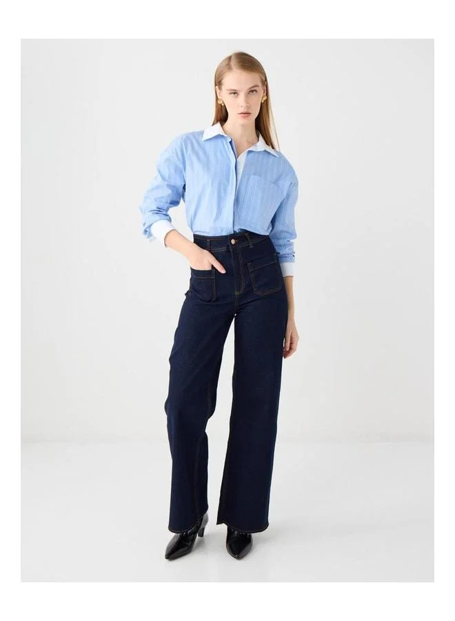 Jimmy Key Navy Blue Wide Leg High Waist Denim Pants